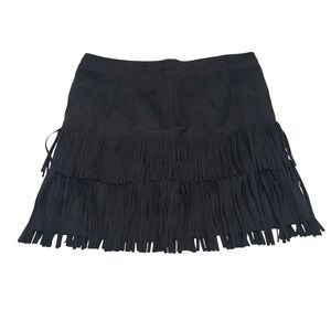 WD·NY Womens Faux Suede Tiered Fringe Mini Skirt Size L Black